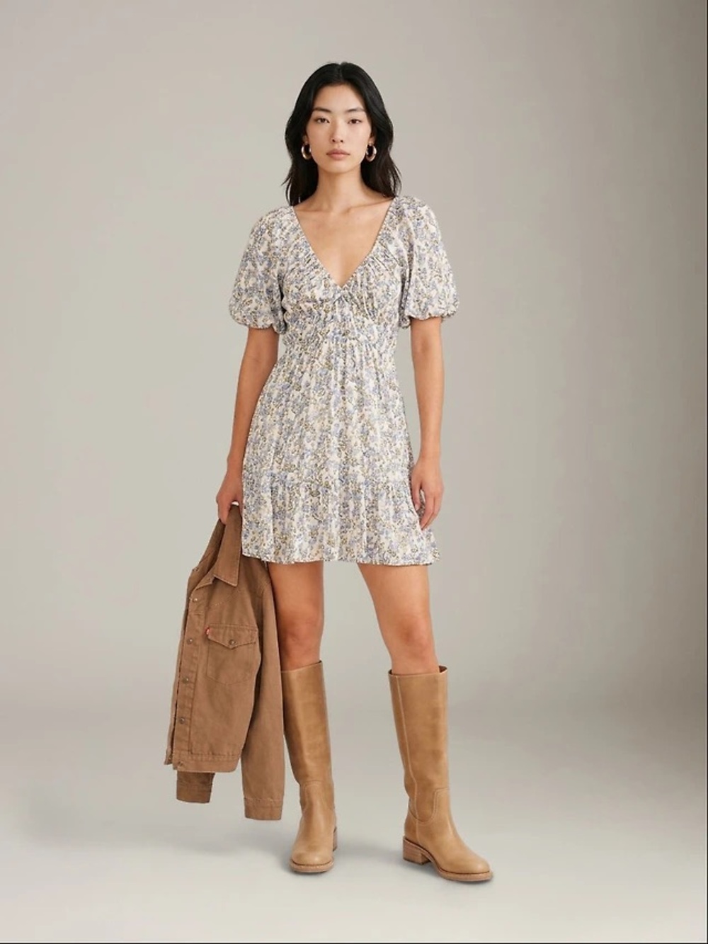 MINKPINK White and Blue Floral V-Neck Puff Sleeve Mini Dress